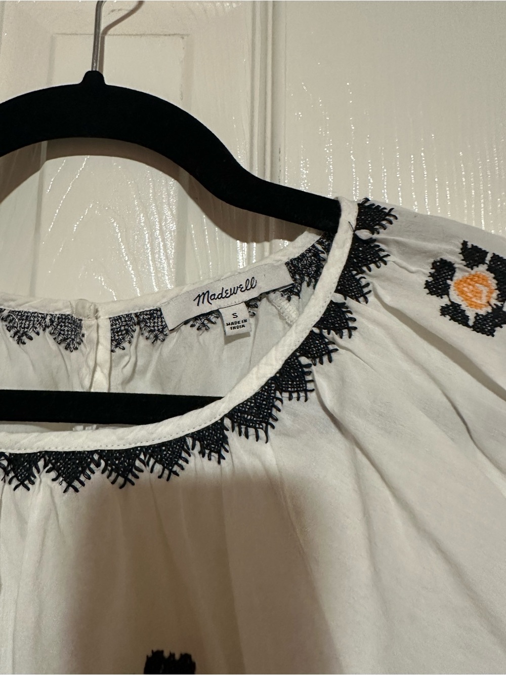Madewell White Peasant Blouse with Black Embroidery and Yellow Accent - Picture 3 of 4